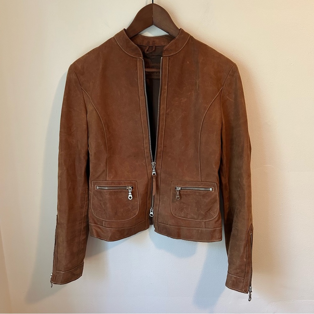 Roots Tan Brown Nubuck Leather Moto Jacket Tab Collar Zip Up - Sz 6 - Picture 1 of 16